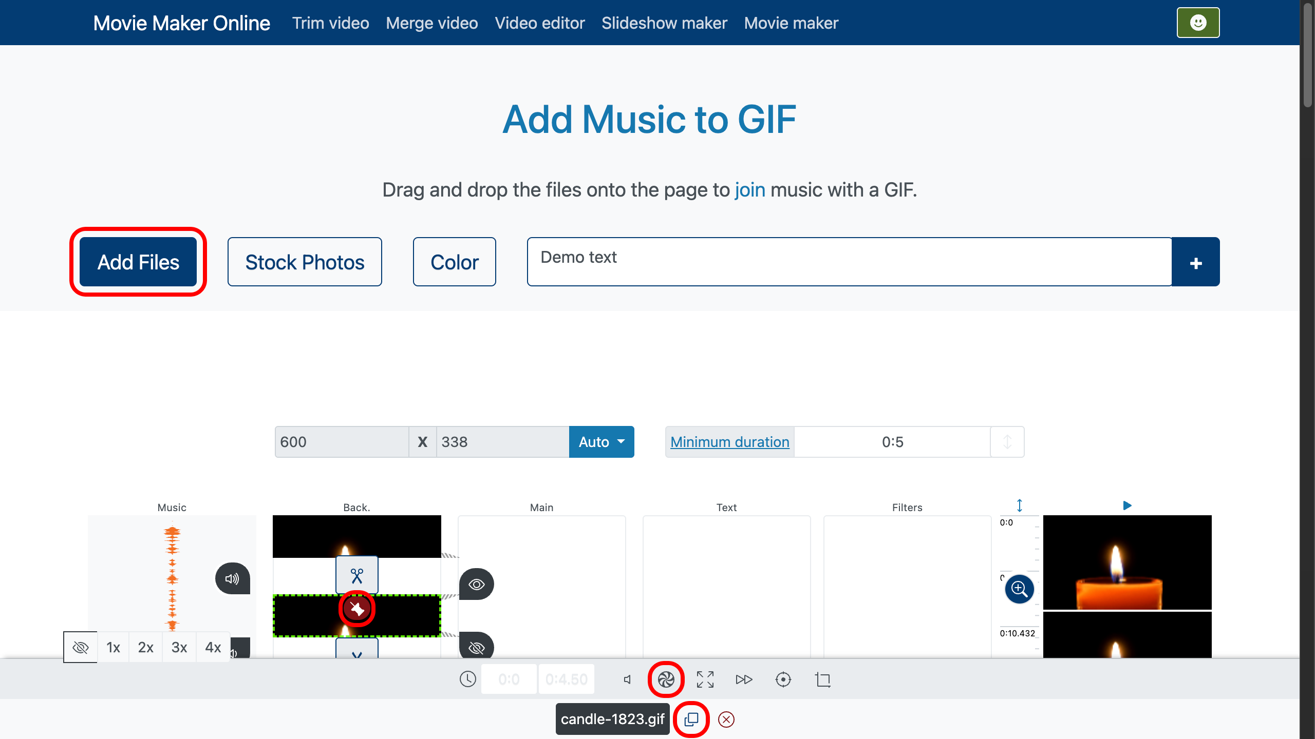 Aggiungi musica a gif - carica file, imposta transizioni